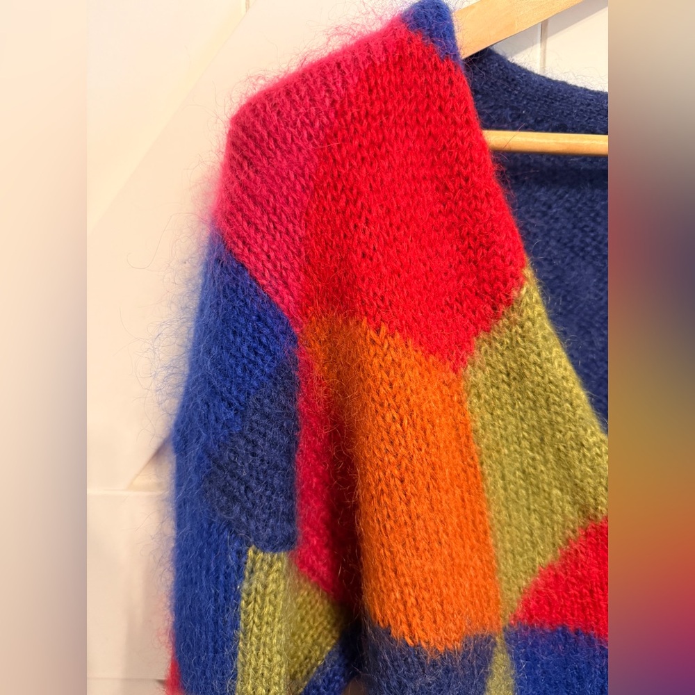 Vintage 1990s JL Plum mohair cardigan RN 40687 Argyle Harlequin Color Block - Picture 3 of 9